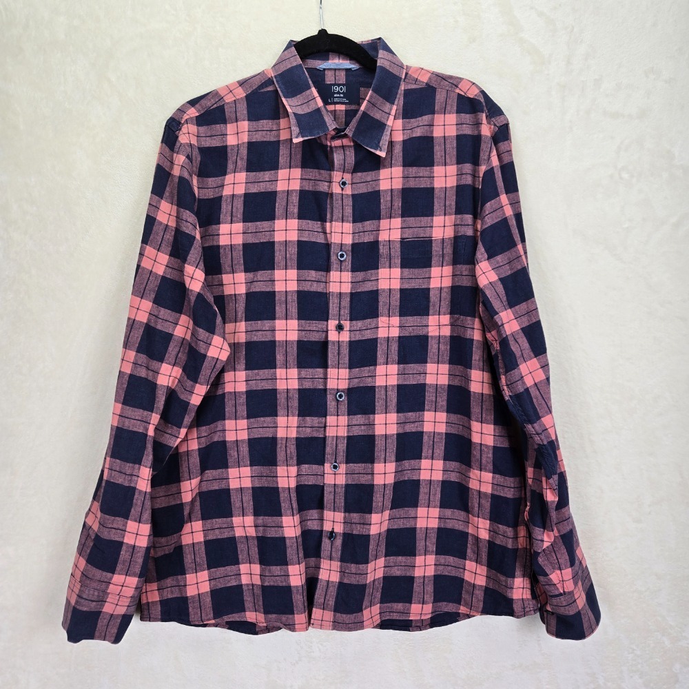 1901 Linen‎ Blend Mens Button Shirt Size Large Plaid Salmon Navy Preppy Classic